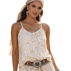 White Sequin Tank Gold Hawk Lexi XS Sparkly Cami Boho Festival Party Top NWT